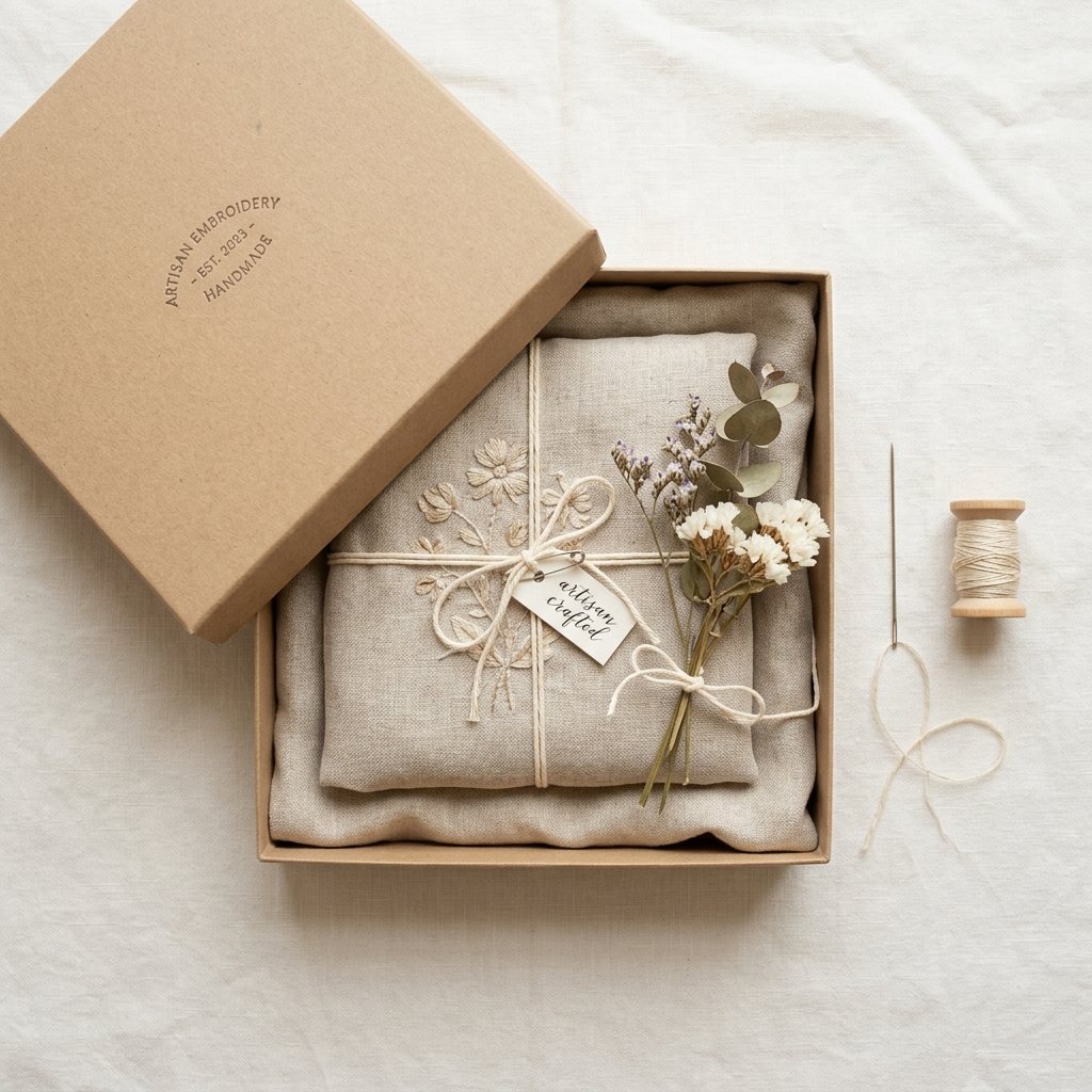 Artisan gift packaging flatlay with kraft box and dried florals