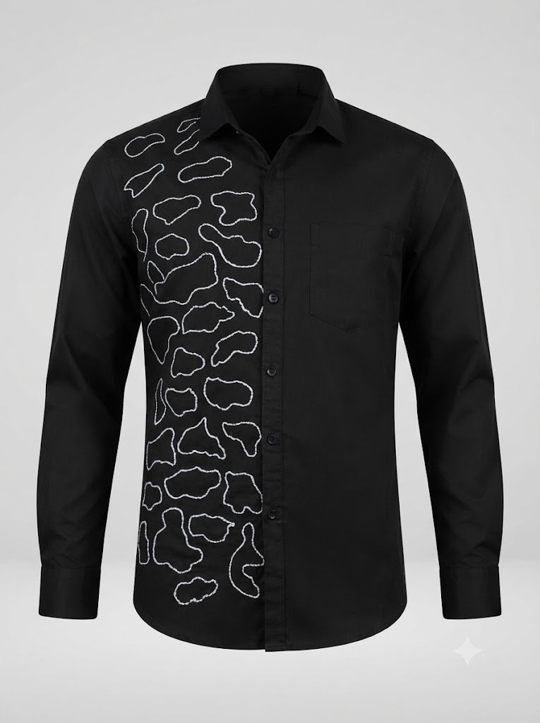 Black Shirt with hand-embroidered cloud design in running stitch