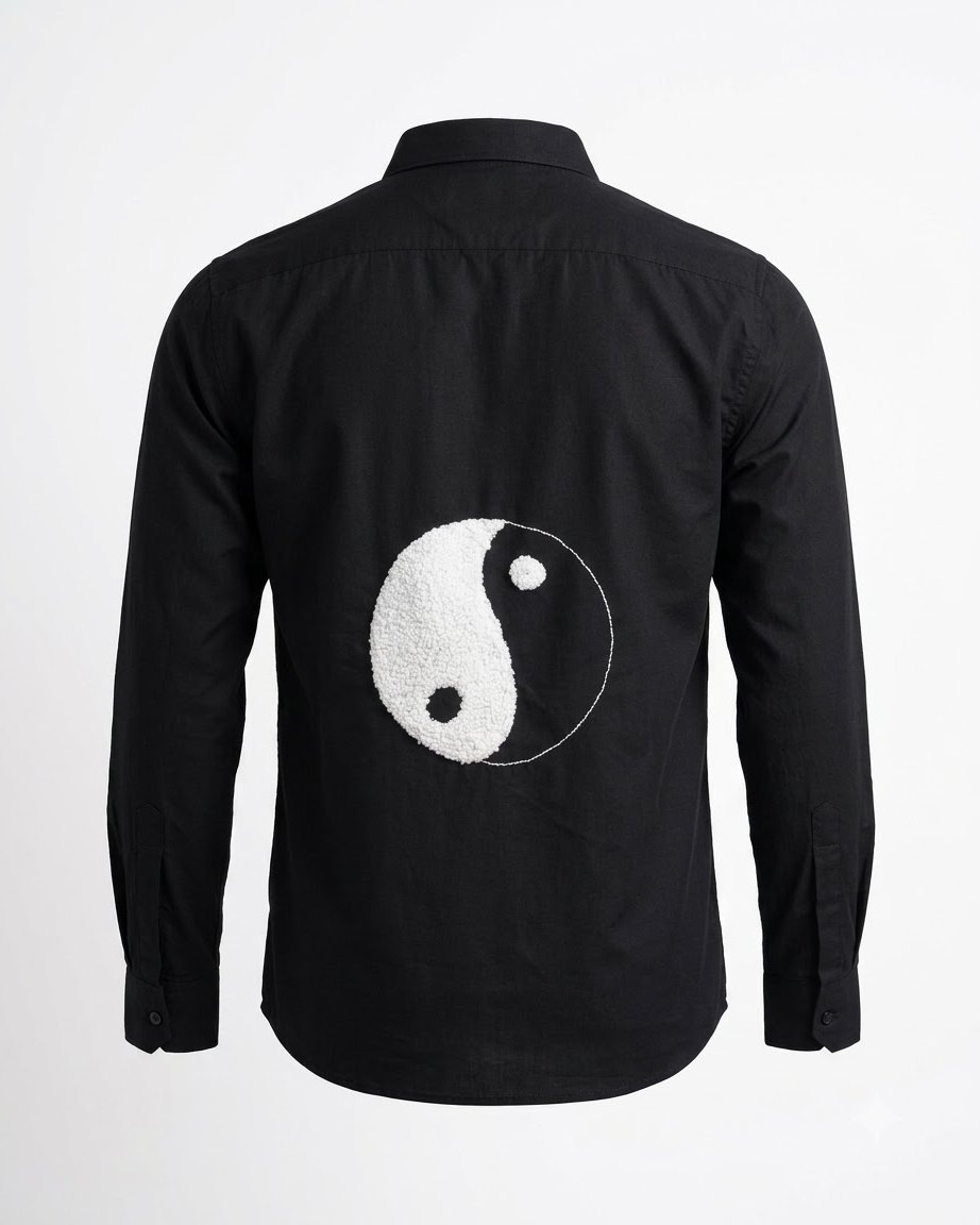 Back view of man wearing Plain Black YinYang French Knots Shirt